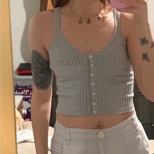 aerie Gray Ribbed Button-Front Crop Tank